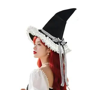 Handmade Lace Witch Pointed Hats Bandage Bow Wizard Hat Noble Princess Lolita Cosplay Costume Accessories Halloween Party Hat