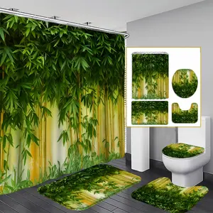 1/3/4PCS Bamboo Forest Shower Curtain Set, 71x71 Inches, Includes Background Pattern, Comes with 12 Hooks, 1/3/4pcs Options