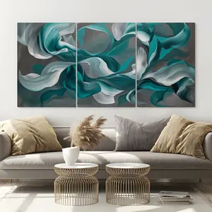 3-Piece/Set Turquoise Fluid Abstract Painting Frame Canvas Poster, Modern Bedroom, Living Room and Corridor Mural, Ideal Decoration and Room Decorative Gift Blue Art Photo Ornaments Wall Artistic Interior Print