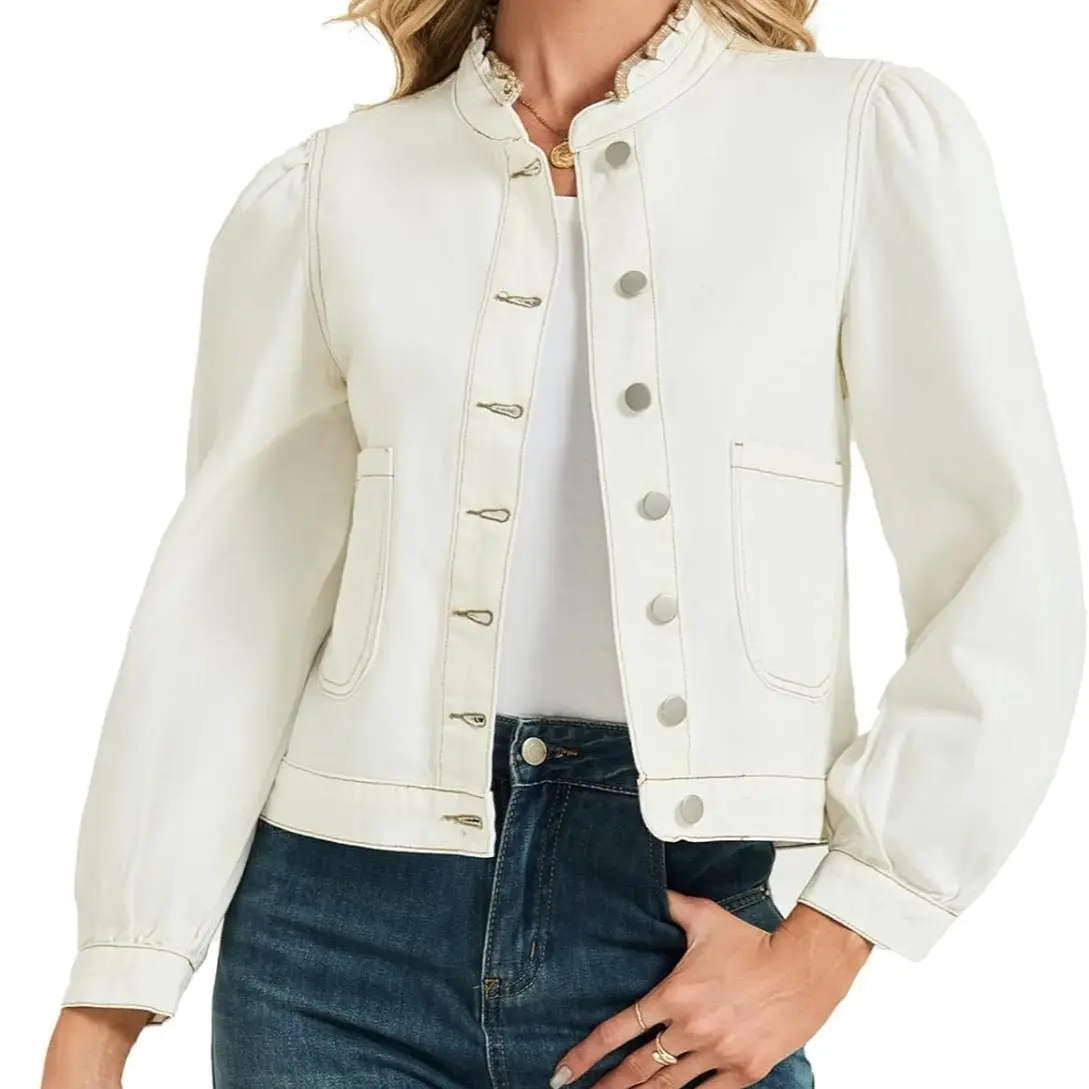 LifeShe Women's Puff Sleeve Ruffle Neck Denim Shacket - 2026 Fall Trendy Boyfriend Style Tops with Quality Fabric, Sporty Fits, Coats, Feminine, Outfits, Ladies, Breathable, Button, Long Sleeve