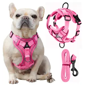 No Pull Dog Vest Harness and Leash Set - Escape Proof, 3D Breathable Mesh, Soft Padded, No Choke, Adjustable with 5ft Leash for Small Medium Large Dogs, French Bulldog Plush Corduroy Pet Harness
