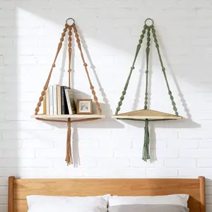 Macrame Wall Hanging Shelf, Boho Handwoven Rope Floating Shelf with Wooden Tray, Triangle Corner Decor for Plants & Home Storage # GLOBAL PICKS