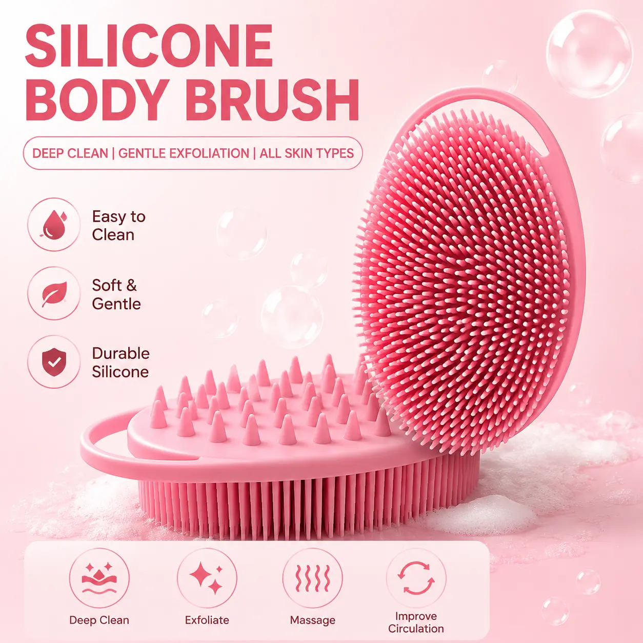 2-in-1 Silicone Bath Brush, Soft Exfoliating & Massage Body Scrubber for Deep Cleansing, Non-slip Shower Brush for Back, Feet & Sensitive Skin