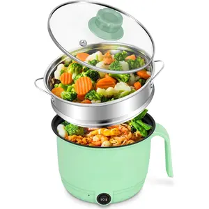 Hot Pot Electric With Steamer,Rapid Ramen Cooker,1.8L Mini Portable Self Heating Electric Pot For Cooking Noodles Oatmeal Pasta,Shabu Shabu Hotpot Pot Electric Dorm Lazy Pot,Non-Stick Green