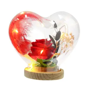 Rose Heart Glass Cover Handmade Preserved Rose for Her Valentines Day Gift For Girlfriend Women Corazón de rosa Oso rosa Artificial Flower Rose Glaxy Rose LED Light Christmas Home Decor
