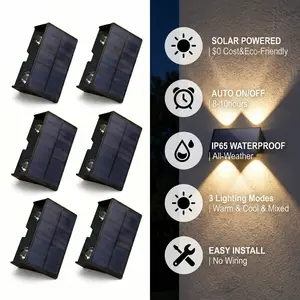 6 Pack Solar Up and Down Wall Lights Outdoor Decorative Fence LED Waterproof Lamps for Deck, Patio, Porch, House, Garden, Pool Cage, Dynamic Color Changing Lights for Festive Atmosphere Building Outdoorfun Motion Sensor fencing Wall Lanterns solarlight