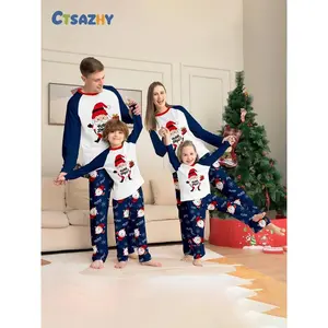 Christmas Family Pajama Set, Blue Colorblock, Cute Santa Print, Soft Fabric, Perfect for Christmas at Home, Holiday Photoshoots