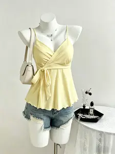New V-Neck Waist-Cinch Adjustable Halter Top for Women, Wavy Edge Tie Design Slimming Outerwear Sleeveless Shirt, Fashionable Chic Casual Summer Apparel