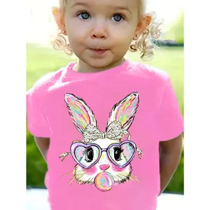 Girls' 100% Cotton Easter Bunny T-Shirt - Loose Fit Short Sleeve Summer Top with Rabbit Print, Round Neck  Playwear for Spring &  Attire - Comfy Blouse for Easter Outfits casual holiday fall meme unisex outdoor cool streetwear mens fashion wear party