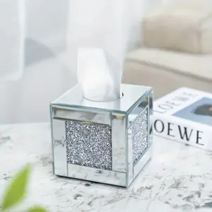 Square Mirrored Tissue Box Cover,Crystal Crushed Diamond Tissue Box,Silver Luxury Tissue Holders for Either Tissues in a Bathroom or Napkins on a Table, Silver