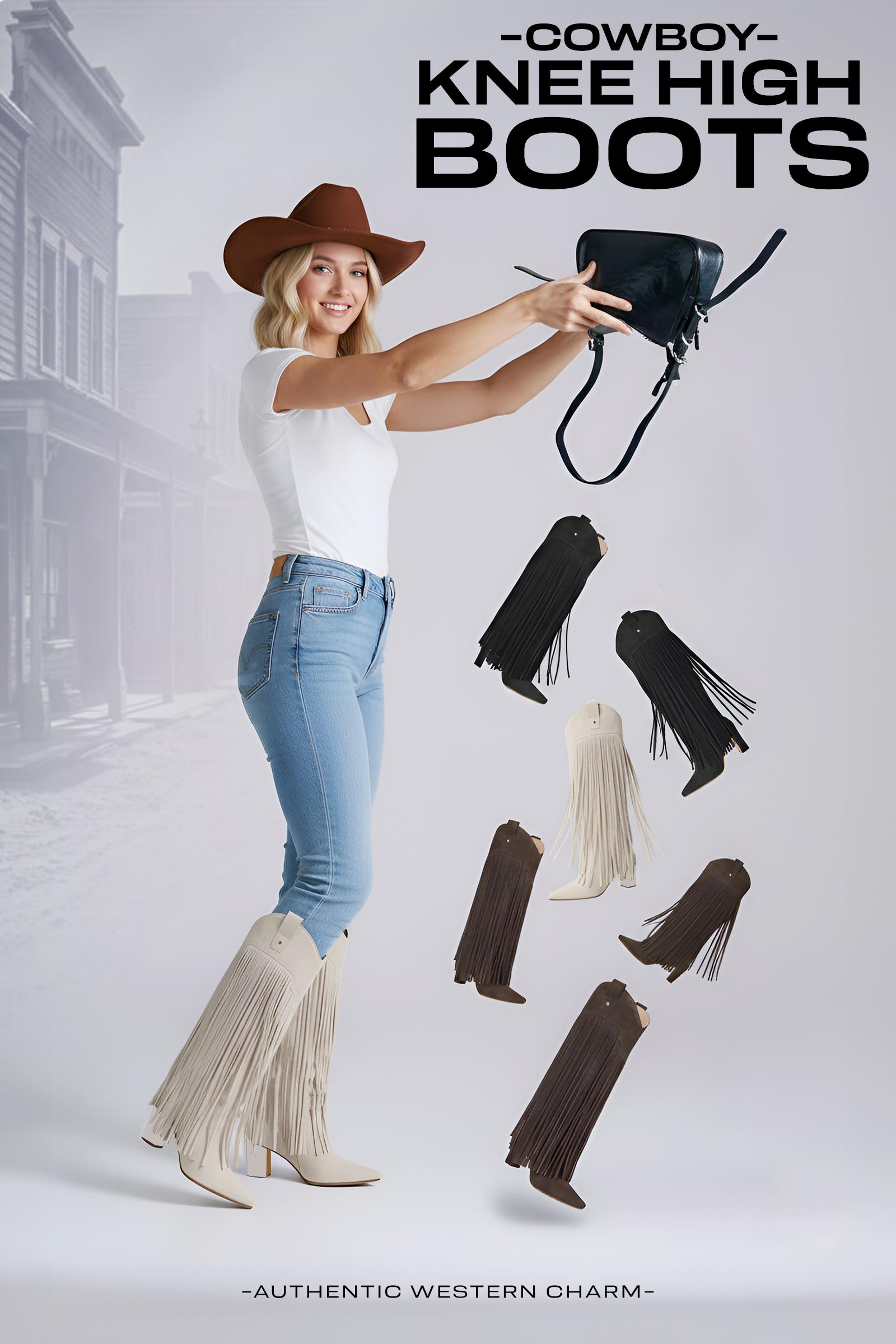 CELNEPHO Women Cowboy Boots Square Toe Knee High Fringe Boot Easy Pull on Tabs Metal Studs Western Design Cosplay Wear Party Horse Riding Country Wedding Dress Shoes