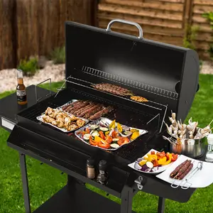 Royal Gourmet CC1830T 30-Inch Barrel Charcoal Grill, Front Storage Basket with Hooks, Backyard BBQ Party and Outdoor Cooking Grill with 627 sq. in. Cooking Area, Black Rack Steel Square Smoker Handles Barbecue