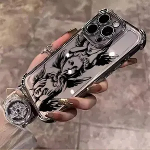 Black Angel Cupid God of Love Sacred Pattern Creative Design Exquisite Electroplating TPU Shell Suitable For IPhone 17 16 15 14 13 12 11 PRO PLUS MAX AIR Four-corner Drop-proof Transparent Casual Soft Silicone Mobile Phone Case L340 Aesthetic Protective