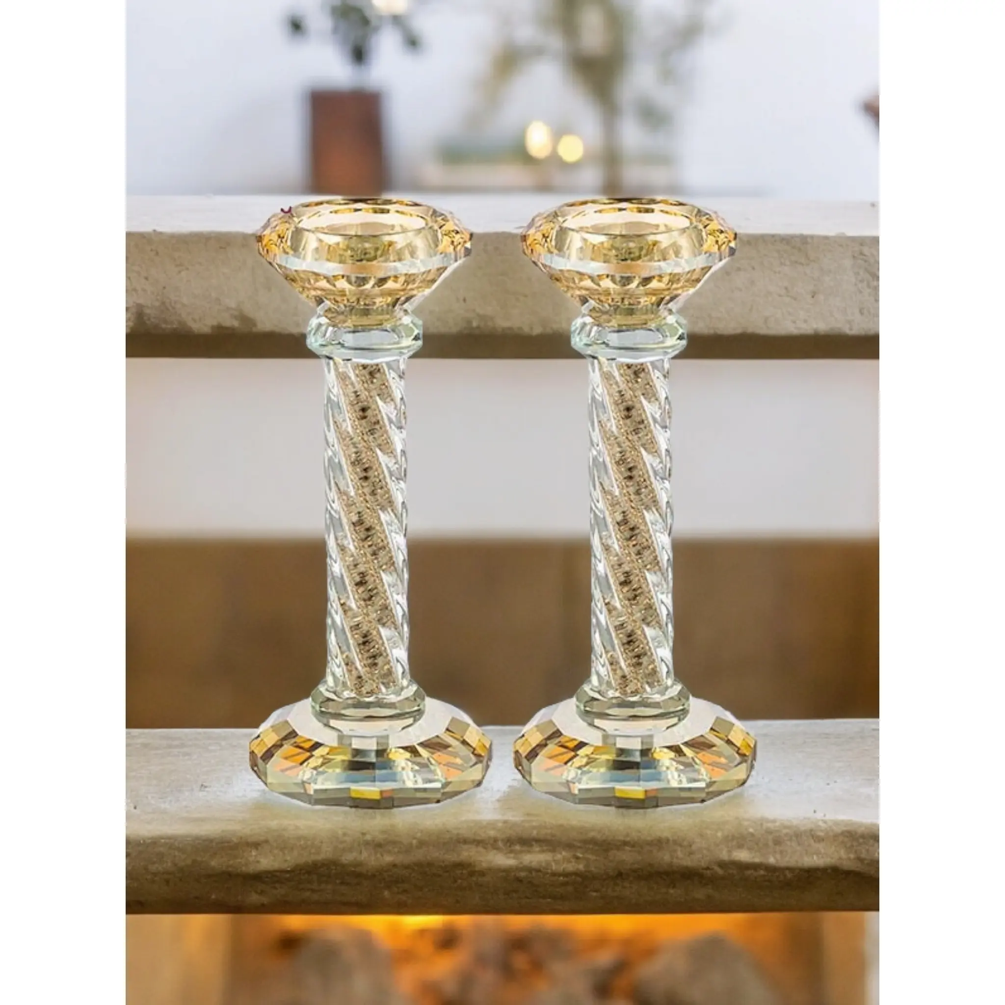 Set of 2 Crystal Candlesticks with Gold Stones (6.5" tall)
