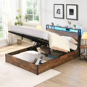 Lift-up Storage Bed Frame, Full/Queen Size Bed Frame with Bookcase Headboard & LED Lights, Wooden Platform Bed Frame with Charging Station
