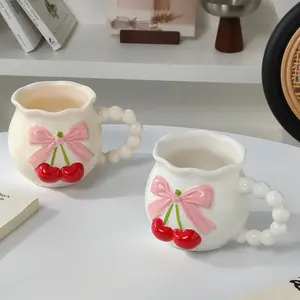 Cherry Bowknot Mug, High-Quality Ceramic Cup, Cute Pearl Handle, Office Coffee Cup, Birthday Gift, Cream Color, Girl Style Drinkware, Stylish Coffee Mugs, Beverage Mug