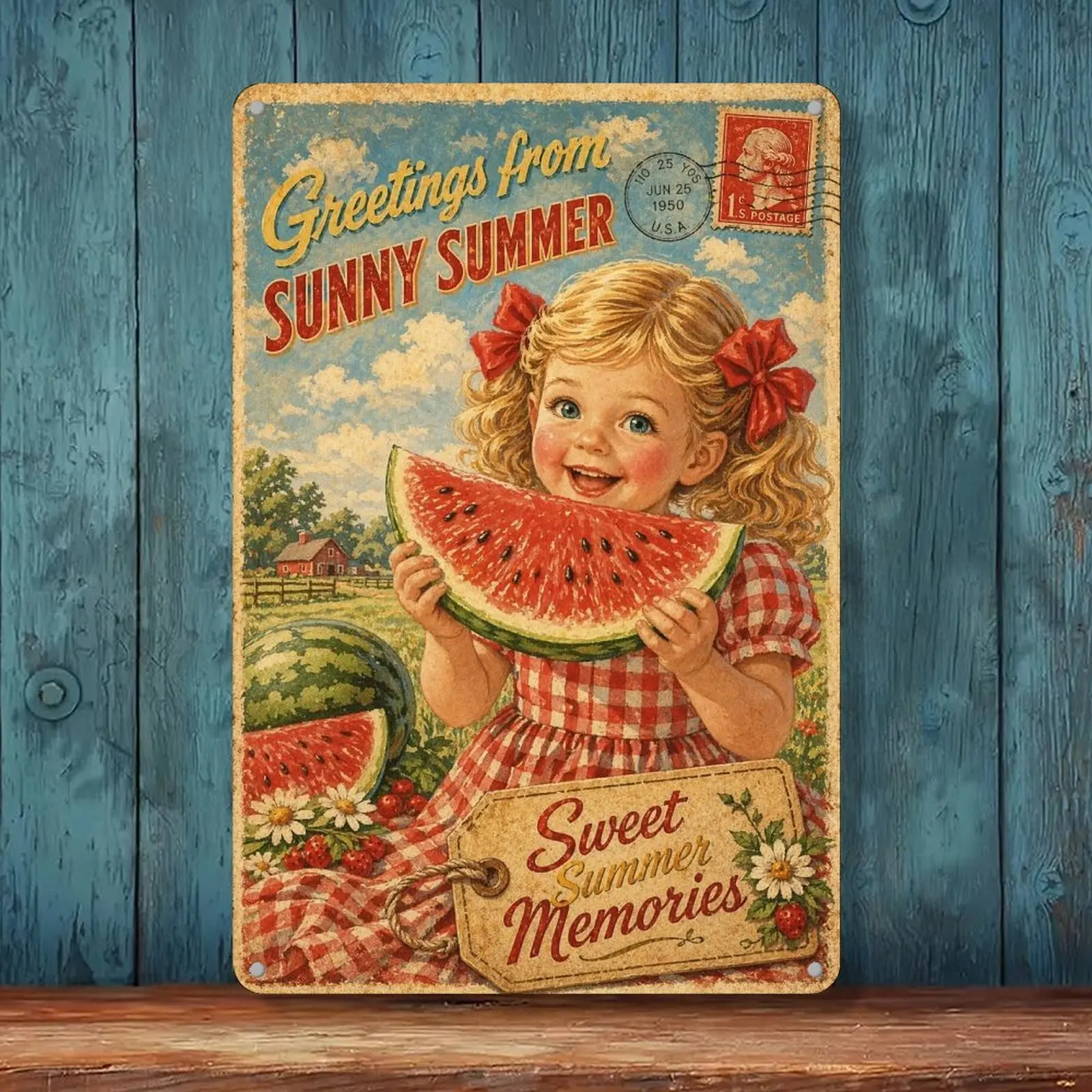 Vintage Metal Tin Sign - Greetings From Sunny Summer Retro Little Girl Watermelon Iron Wall Plaque, Farmhouse Wall Art For Kitchen Home Decor, Custom Holiday Collectible Gift