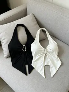 Summer Sexy Women's Tank Top Set, Metal Buckle Front, Backless Design, Casual Fitted Style, Plain Pattern, Two-Piece
