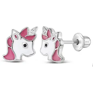 Happy Unicorn Pink Baby / Toddler / Kids Earrings Screw Back Enamel - Sterling Silver
