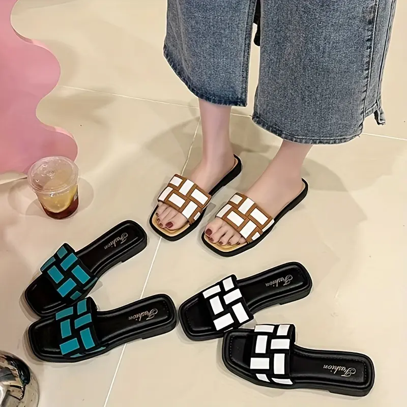 Chic Women's Checkerboard Slide Sandals - Retro Square Toe, Flat Sole in Brown/White/Teal, Durable PVC Material, Easy Slip-On for Summer Beach & Casual Wear, Ladies Sandals