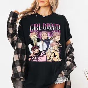 Ryomen Sukuna Girl Dinner Graphic T-Shirt, Vintage 90s Bootleg Rap Style Tee, Jujutsu Kaisen JJK Anime Shirt, Retro Streetwear Top, Unisex Adult Casual Oversized Cotton Tee, Y2K Aesthetic Manga Anime Merch, Trendy Otaku Outfit