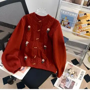 No.1 New Retro Horn Button New Year Red Sweater Cardigan Women's Autumn and Winter Thick Loose Lazy New Year Red Knitted Coat