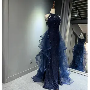 Evening dress blue female 2025 new style light luxury niche high-end piano vocal violin art exam host annual meeting