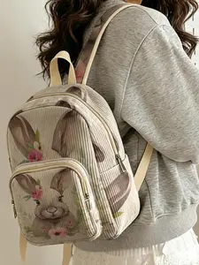 1pc Floral Rabbit Pattern 2D Printed Women's Cute Versatile Backpack, Velvet Texture + Layered Storage + Lightweight Comfort | Perfect for Students to Class/Shopping/Short Trips | Combines Atmosphere and Practicality