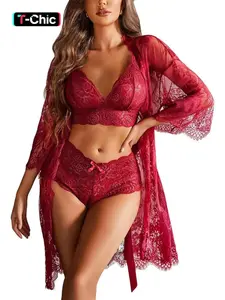 Women's Lace Sexy Lingerie Set, Women's Bra & Panty & Robe Set, Women's Lingerie Set for Summer