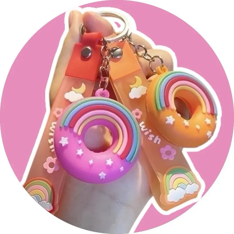 Cute Kawaii Donut Keychain - Vibrant Rainbow Design in Pink Blue & Orange - Simple Stylish Keyring for Unique Collection