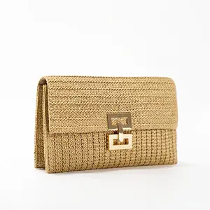 Bohemian Vacation Woven Clutch Purse, Women's Square Flap Wallet, Straw Clutch Purse Boho Crochet Elegant Beige  Bamboo