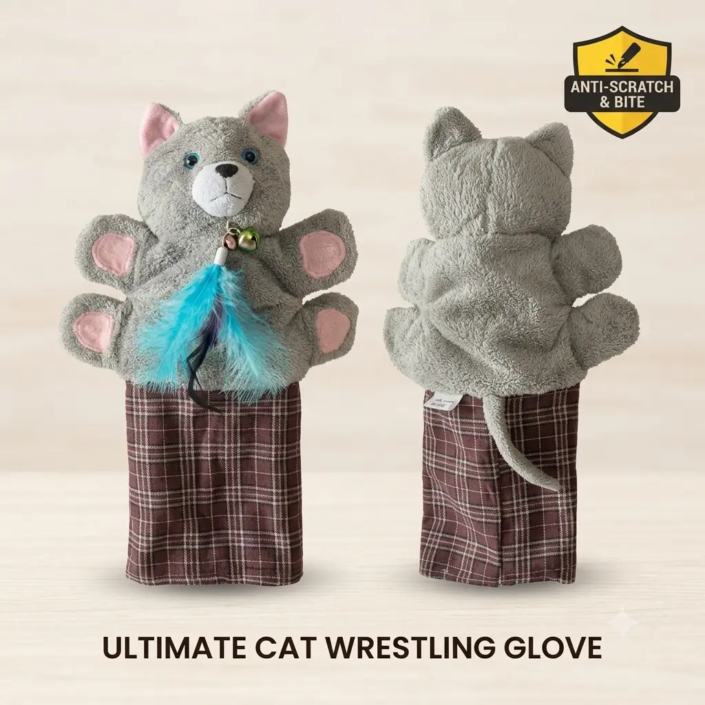 Smitten Interactive Cat Wrestling Glove Puppet - Protective Anti-Scratch Cat Toy with Detachable Catnip Ball, Bell Feathers, Soft Washable Plush Toy for Cats indoor kitten Interactive Soft Toy juguete para mascota lovely caves cattoys cathunting pet