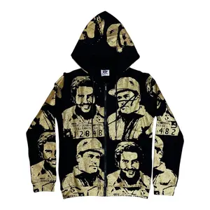 Asasaaali Gold Graphic Portrait Zip Hoodie – Luxury Y2K Streetwear Oversized Full Zip Jacket