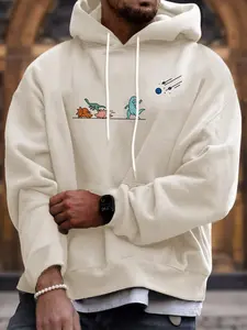 Men's Cartoon Dinosaur Print Hoodie, Casual Soft Comfortable Regular Fit Long Sleeve Pullover for Daily Wear, Men's Top for Fall & Winter, Casual Pullover Hoodies