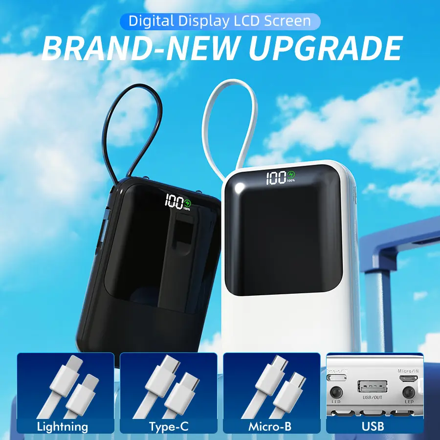 XBJ 10000mAh Fast Charging Portable Power Bank Built-in 3 Charging Cables Compact Lightweight External Battery Pack For Travel Camping Phones Electronic Devices