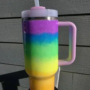 Rainbow Glitter Tumbler with Custom Name - Vibrant Gradient Design & Secure Handle for Easy Sipping