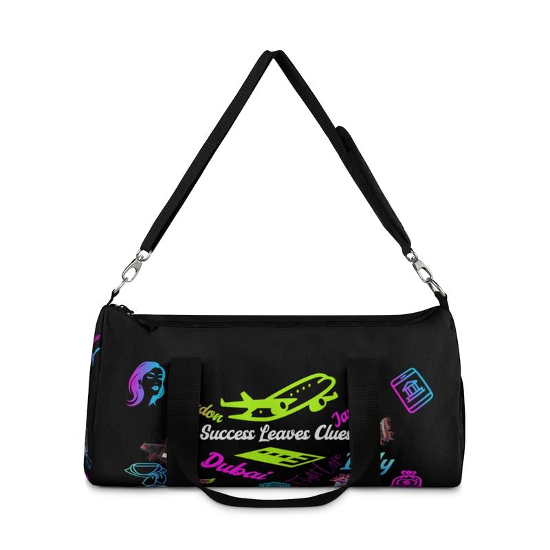 Black Neon Travel Duffle Bag  Custom 'Success Leaves Clues' Design with Vibrant Travel Icons"