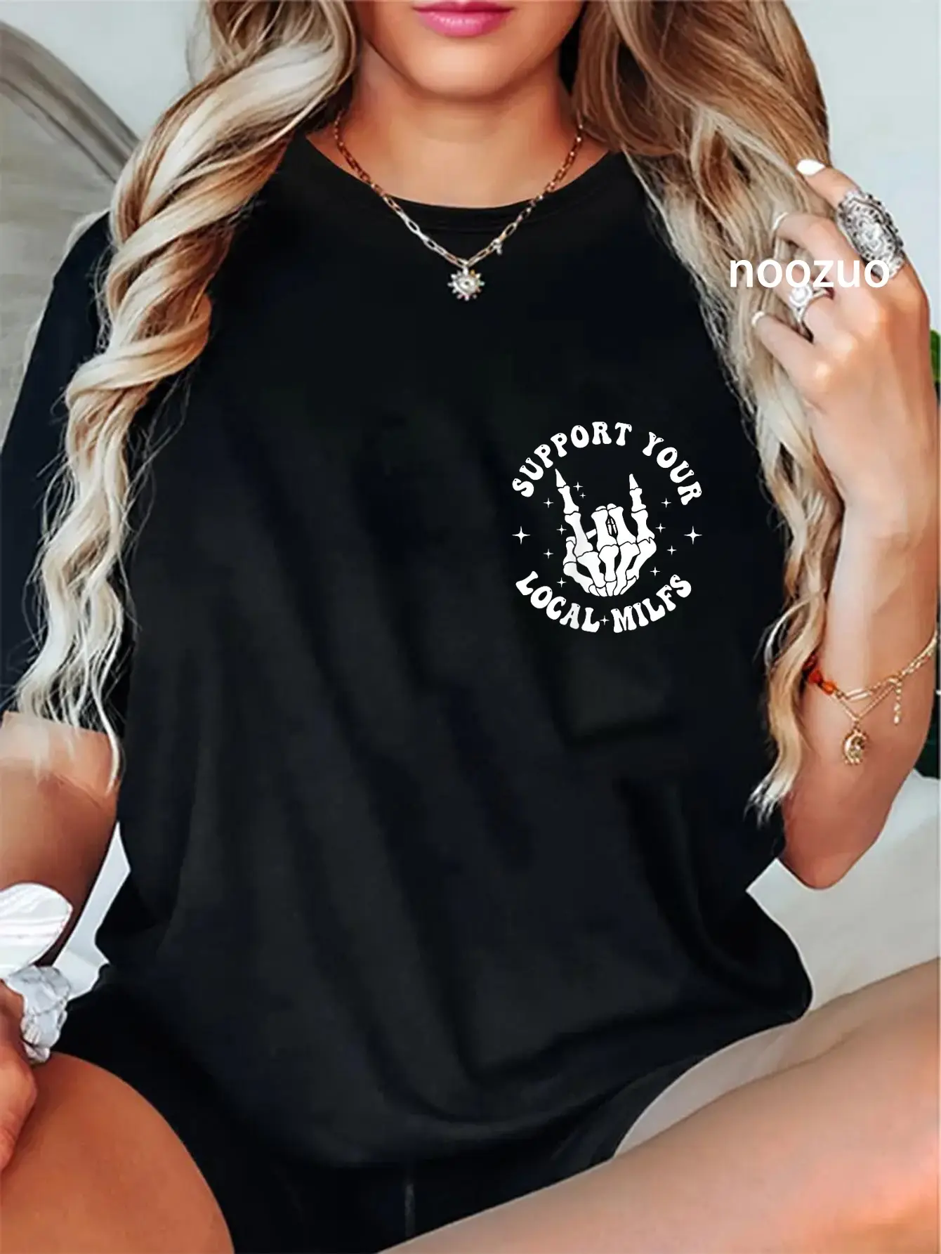 100% Cotton Unisex Support Your Local Milfs Groovy Front & Back Funny T-Shirt Casual Top