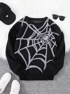 Men's Spider Web Pattern Round Neck Crewneck Sweater, Regular Fit Casual Drop Shoulder Long Sleeve Jumper for Spring & Fall, Fashion Men's Knitwear for Daily Wear