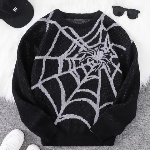 Men's Spider Web Pattern Crewneck Sweater, Regular Fit Casual Drop Shoulder Long Sleeve Jumper for Spring & Fall, Fashion Men's Knitwear for Daily Wear