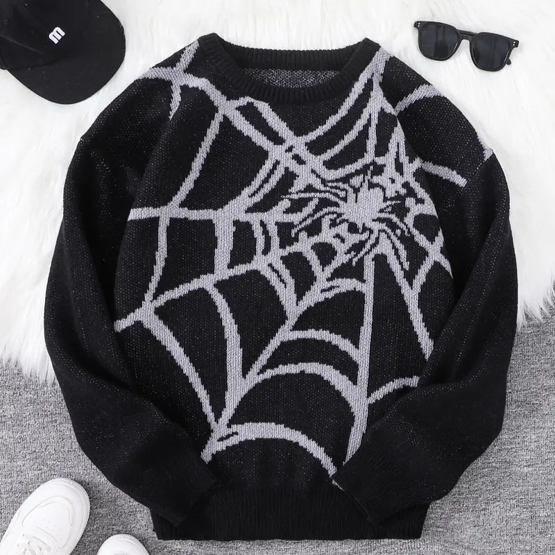 Men's Spider Web Pattern Crewneck Sweater, Regular Fit Casual Drop Shoulder Long Sleeve Jumper for Spring & Fall, Fashion Men's Knitwear for Daily Wear