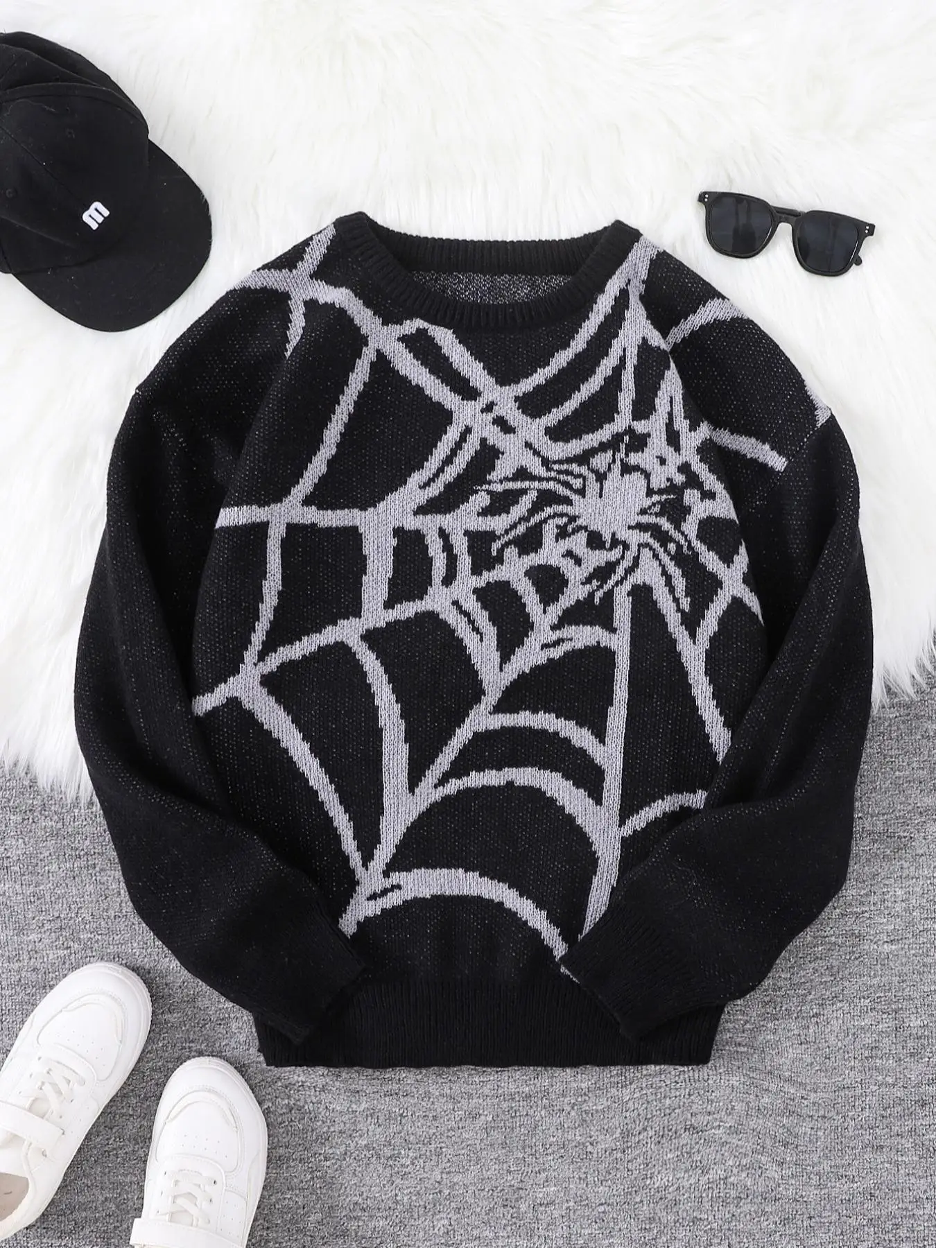 Men's Spider Web Pattern Round Neck Sweater, Regular Fit Casual Drop Shoulder Long Sleeve Jumper for Spring & Fall, Fashion Men's Knitwear for Daily W