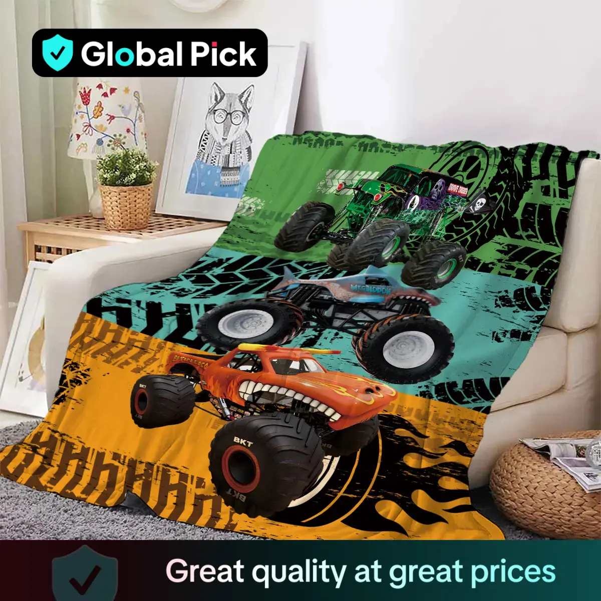 Monster Truck Pattern Blanket, 1 Count Soft Comfortable Throw Blanket, Warm Napping Blanket for Home Office Travel Camping