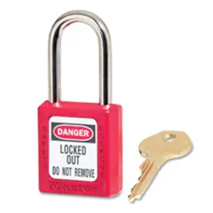 Master Lock Company  Safety Padlock- Labeled- .25in.Dx1.5in. Tall Shackle- Red