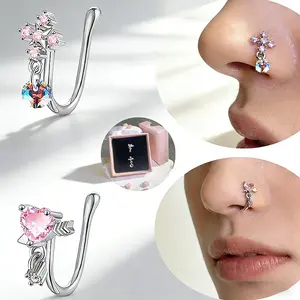 2PCS Adjustable Fake Nose Rings  Nose Piercings With Heart-shaped Cross Style Shut Up Nose Clip,Stylish Pink Nose Pens Jewelry Perfect For Students Girls