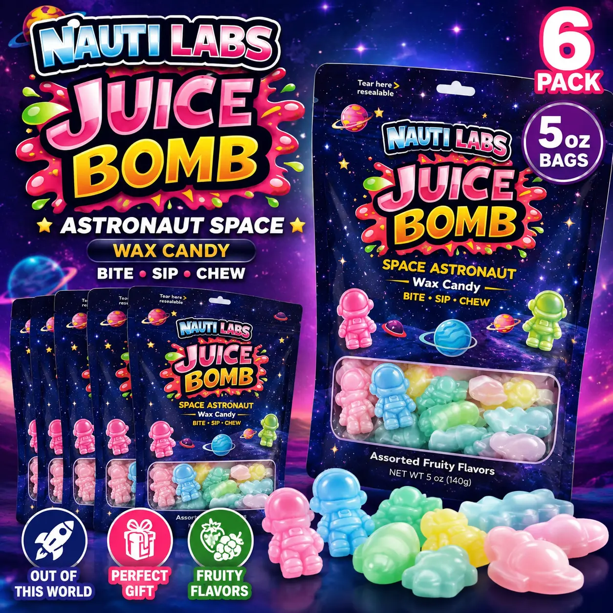 Nauti Labs Juice Bomb Astronaut Space Wax Candy 5 oz 6 Pack Novelty Liquid Filled Wax Candy