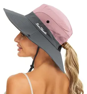 Women Men Summer Sun-Hat Outdoor UV Protection Fishing Hat Wide Brim Foldable-Beach-Bucket-Hat with Ponytail-Hole