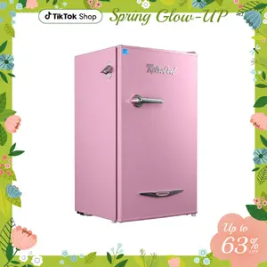 Upstreman mini fridge Retro BR321 PRO 3.2 Cu.Ft with Bottle Opener Energy Saving Adjustable Thermostat Metal Handle LED Lamp Small Refrigerator for Bedroom Office Dorm Pink