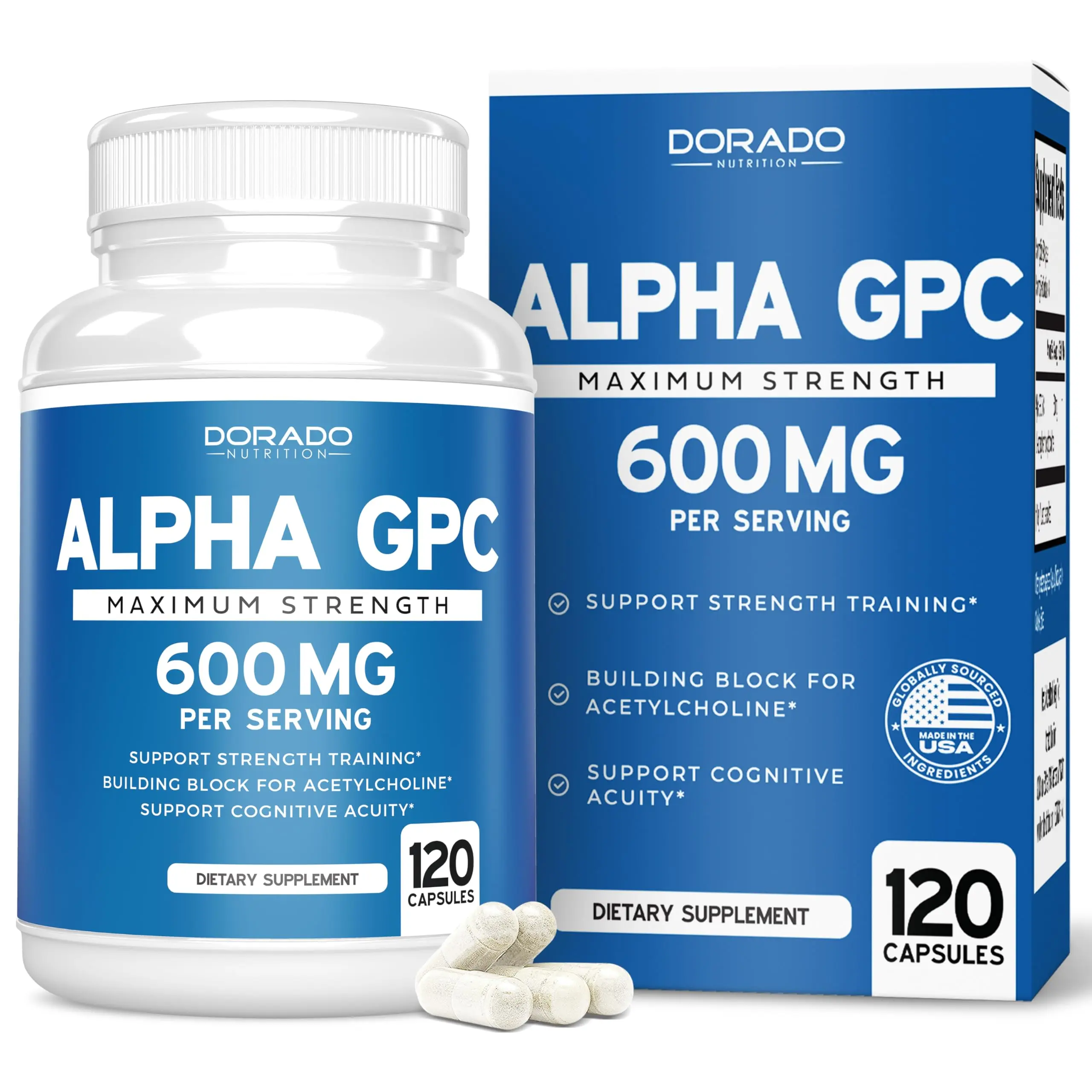 Dorado Nutrition Alpha GPC Choline Capsules – 120 Count, 600mg per Serving – Brain Support Supplement for Focus, Memory & Energy – Third-Party Tested, Vegan, Made in USA