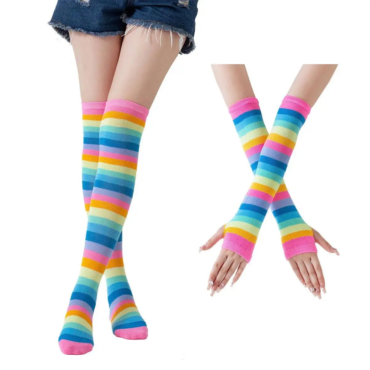 Women's Glove and Sock Set, Casual Rainbow Stripe Knit Full Sleeve Arm Warmers and Long Over-the-Knee Socks, Casual Wear, One Size